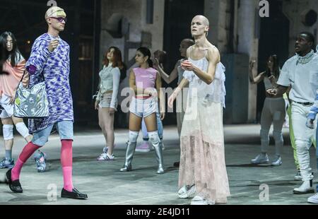 Berlin, Germany. 22nd Jan, 2021. Models and dancers show fashion at the About You Show at the About You Fashion Week production at Kraftwerk in Köpenicker Straße. The Berlin Fashion Week for the autumn/winter season 2021/2022 will take place online this time, the shows will be shown online because of the pandemic. Credit: Jens Kalaene/dpa-Zentralbild/dpa/Alamy Live News Stock Photo