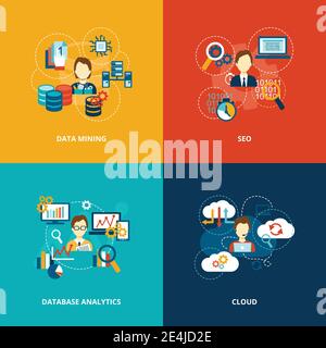 Database analytics icons flat set with data mining seo cloud isolated vector illustration. Stock Vector