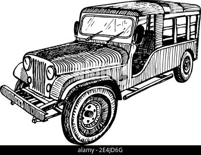 Hand drawn vector tracing vintage retro car, doodle sketch graphics monochrome illustration on white background Stock Vector