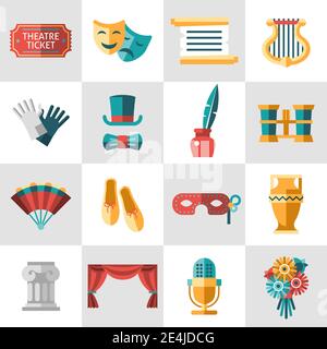 Theatre acting performance icons set with  ticket masks flat isolated vector illustration. Stock Vector