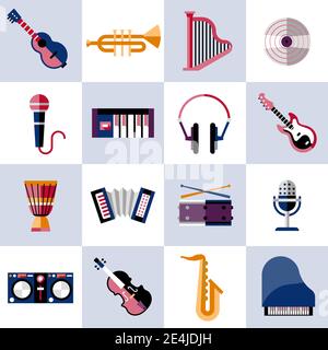 Musical instruments icons set with guitar trumpet harp vinyl isolated vector illustration. Stock Vector
