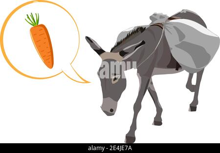 Donkey carries a heavy load, a big bag and speech bubble with the carrot he dreams of. Cartoon colorful vector illustration. Stock Vector