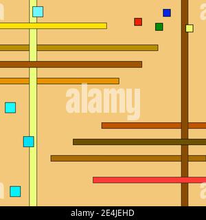 Orange background with small multicolored squares, strips. Simple geometric ornament. Abstract design, pattern in primitive ethnic style. Vector EPS10 Stock Vector