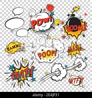 Comic speech bubbles in pop art style with bomb cartoon and explosion text vector illustration Stock Vector