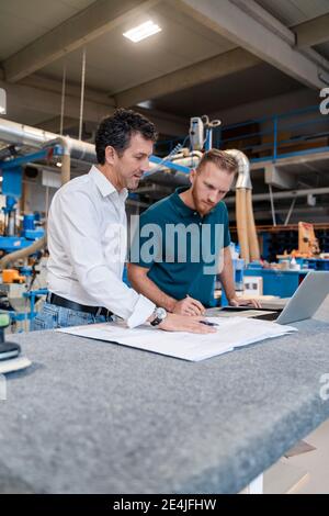 Two carpenters talking over documents in production hall Stock Photo