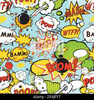 Comic speech bubbles in pop art style with bomb cartoon and explosion text seamless pattern vector illustration Stock Vector