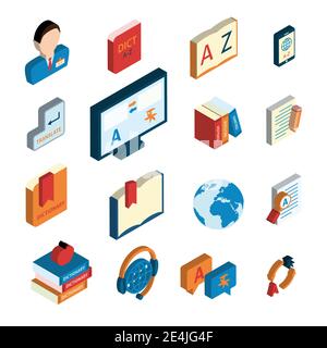 Online english german translation service website applications flat isometric icons set with interpreter headset isolated vector illustration Stock Vector