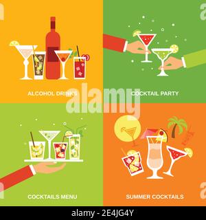Alcohol cocktails icons flat set with drinks party menu summer isolated vector illustration Stock Vector