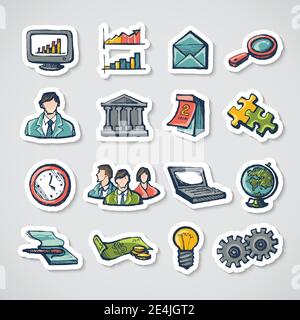 Business stickers set with charts globe computer puzzle isolated vector illustration Stock Vector