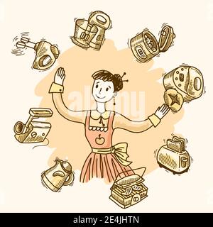 Woman with kitchen equipment and appliances hand drawn vector illustration Stock Vector