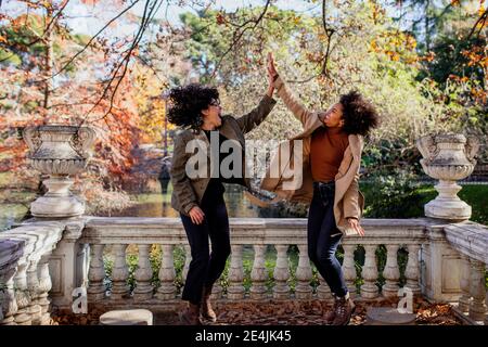 Carefree friends giving high-five while jumping at park Stock Photo