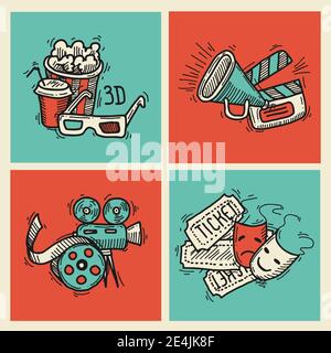 Cinema sketch icons set with popcorn glasses tickets clapperboard and megaphone isolated vector illustration Stock Vector