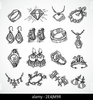 Jewelry decorative icons set with watches diamons jewel bracelet sketch isolated vector illustration Stock Vector