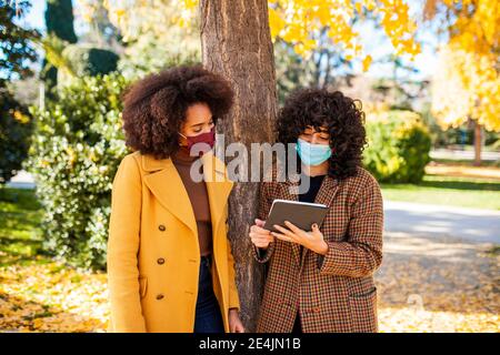 Young women wearing protective face mask using digital tablet while leaning on tree at park Stock Photo