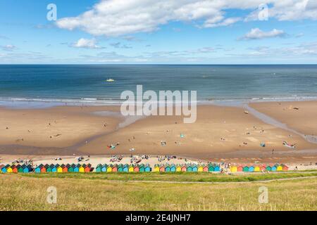 Aerial view of beach against sky during sunny day at Whitby, Yorkshire, UK Stock Photo