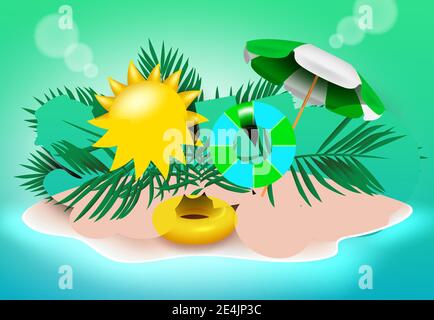 Summer vector banner design. Summer text in beach island background with sun and umbrella elements for fun and enjoy holiday season. Stock Vector