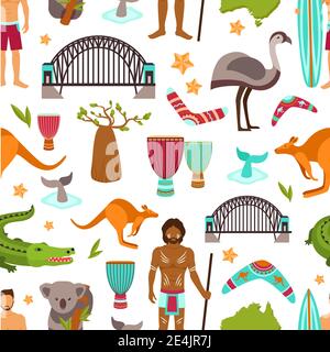 Australia seamless pattern with australian aborigine animals and tourist vector illustration Stock Vector