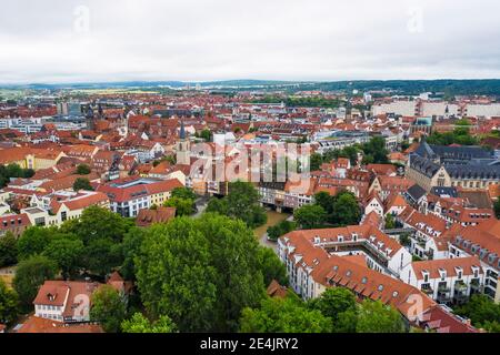 Germany, Thuringia, Erfurt, Aerial view of Kramerbrucke bridge and surrounding houses Stock Photo