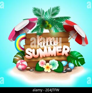 Summer vector concept design background. Summer text in beach island with umbrella and coconut palm tree elements for holiday vacation season. Stock Vector