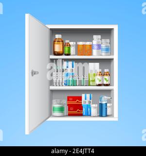 Medicine cabinet with tablets pills bottles drops realistic isolated on white background vector illustration Stock Vector