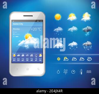 Realistic mobile phone with weather forecast widget mobile application program layout template vector illustration Stock Vector