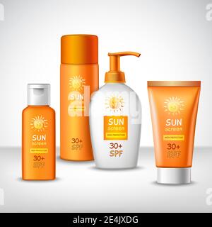 Sunscreen protection sun care cosmetics containers orange set vector illustration Stock Vector