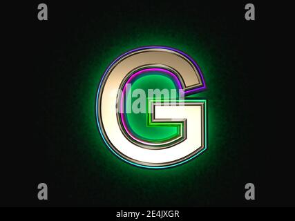 Grey metal with colorful dichroic glass outline and green backlight alphabet - letter G isolated on dark, 3D illustration of symbols Stock Photo