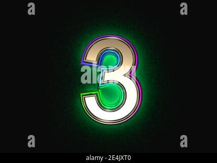 Grey metal with colorful dichroic glass outline and green backlight font - number 3 isolated on dark, 3D illustration of symbols Stock Photo