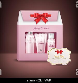 Pink cosmetic products set in gift box and ribbon card vector illustration Stock Vector