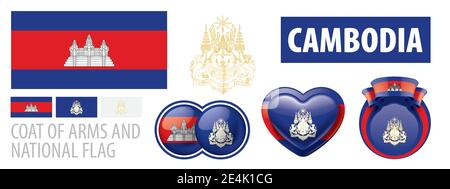 Vector set of the coat of arms and national flag of Cambodia Stock Vector