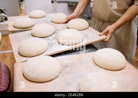 Male chef carrying bread dough on wooden plank in bakery Stock Photo