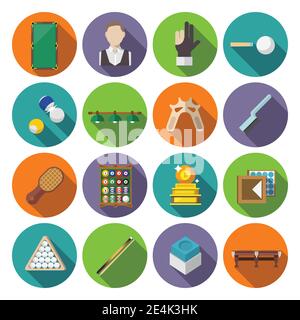 Billiards snooker pool game competition icons flat set isolated vector illustration Stock Vector