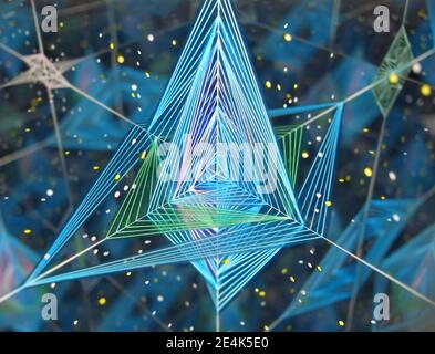 Photography of a kaleidoscope art background depicting futuristic triangular shapes made with lasers beams shining and reflecting in multiple mirrors Stock Photo