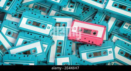 Vintage blue audio cassettes and one unique pink cassete. Creative retro concept of individuality. 3d illustration Stock Photo