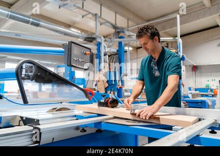 Carpenter measuring plank in front of circular saw Stock Photo