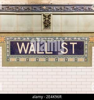 Wall street subway sign tile pattern in New York City Manhattan station ...
