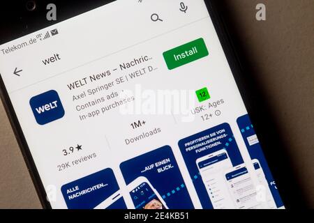 Neckargemuend, Germany: January 15, 2021: app icon of of the German news magazine 'Welt' (World) on phone screen top view, Illustrative Editorial. Stock Photo