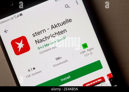 Neckargemuend, Germany: January 15, 2021: app icon of of the German news magazine 'Stern' (Star) on phone screen top view, Illustrative Editorial. Stock Photo