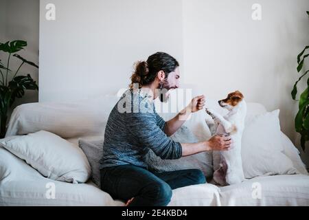 Happy man having fun while playing with dog at home Stock Photo