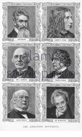 John H. Brown, Harriet Elisabeth Beecher Stowe, William Lloyd Garrison, Charles Sumner, William Wilberforce, Horace Greeley portraits, Slavery Abolition Movement, vintage illustration from 1897 Stock Photo