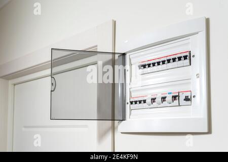 electrical panel in the apartment on a white wall. Fuse box Stock Photo