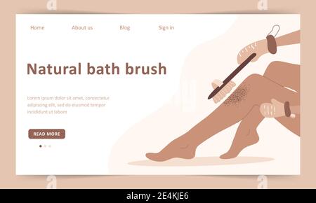 Skin care concept. Landing page template. Anti-cellulite massage with dry cactus brush. Organic treatment for peeling body. Vector illustration in Stock Vector