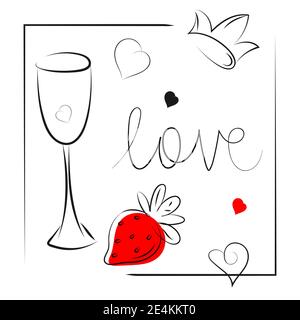 Love concept hand drawn set of icons, sketch style. Cute isolated elements for creative projects decoration, cards, templates, invitations Stock Vector