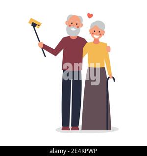 An elderly couple takes a selfie. Old people using modern technology. Elderly man and woman smiling and taking selfie using smartphone. Vector illustr Stock Vector