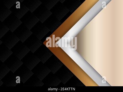 Abstract template geometric gold, silver metallic shiny luxury style on black halftone pattern background and texture. Vector illustration Stock Vector
