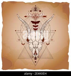 Vector illustration with hand drawn goat skull, dead head moth and Sacred geometric symbol on vintage paper background with torn edges. Abstract mysti Stock Vector