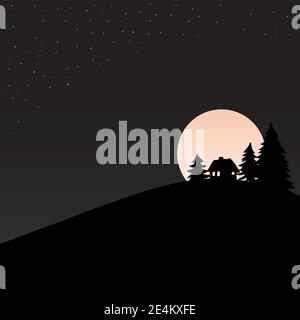 Small cabin and winter pine forest in the shining moon and stars at the night background illustration vector Stock Vector