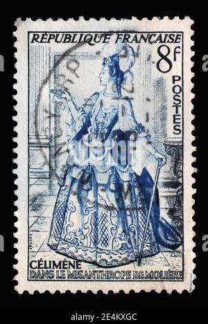 Stamp printed in the France shows image of Celimene from The Misanthrope by Jean Baptiste Poquelin Moliere, Actors series, circa 1953 Stock Photo