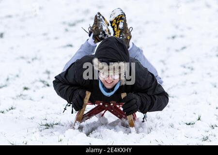 Chippenham, Wiltshire, UK. 24th January, 2021. As Chippenham residents wake up to their first snow of the year, a boy enjoying the snow before it thaws is pictured in a local park in Chippenham as he speeds down a hill on a sledge. Credit: Lynchpics/Alamy Live News Stock Photo