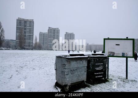 Kennington Park, London, UK. 24th January 2021. Kennington Park sports ground is heavily covered in snow. London, UK. Credit: Harrison Hodgkins/Alamy Live News. Stock Photo